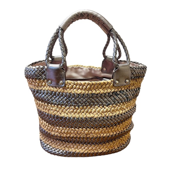 TALBOTS Straw Woven Tote Bag Metallic Accents Braided Handles Coastal‎ Classic - Picture 2 of 11